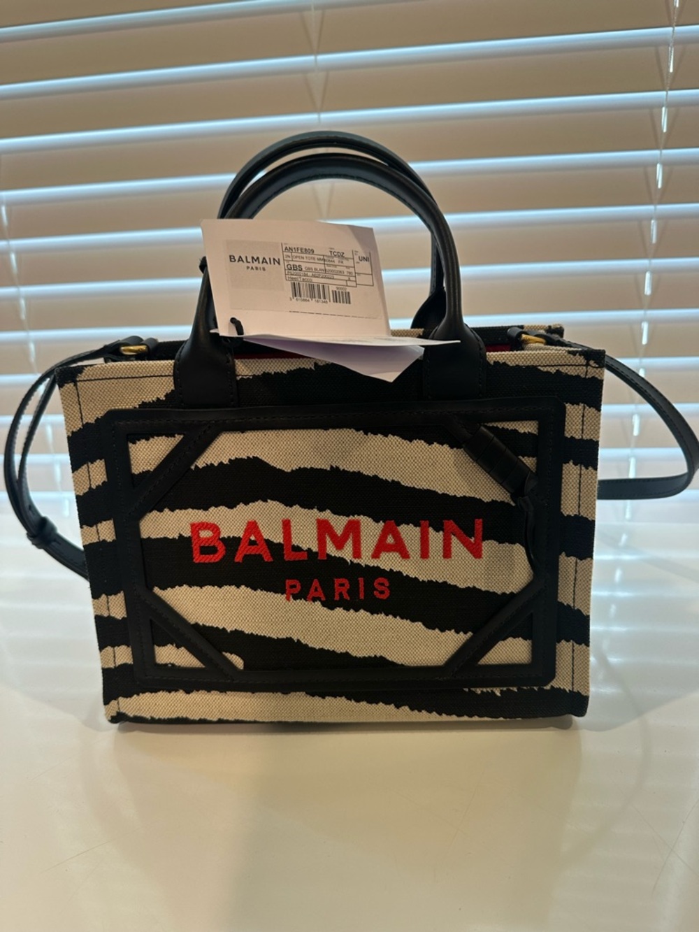Balmain Black and Cream Zebra Tote with Red Accents